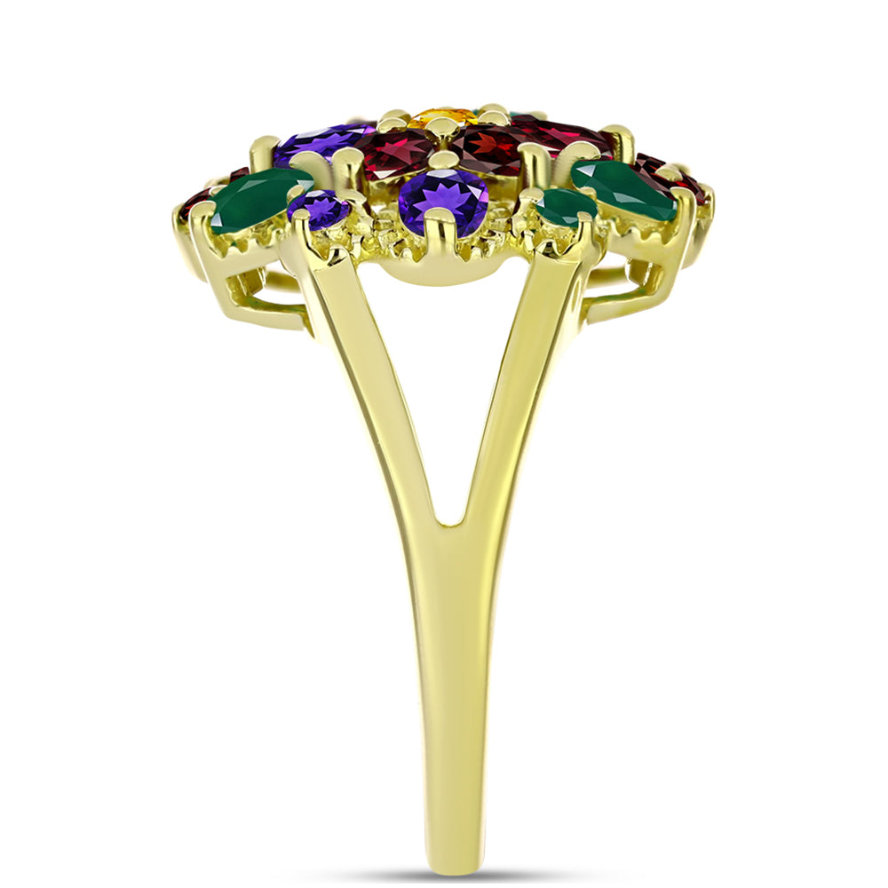 Anel de Prata com Banho de Ouro com Ametista de Marrocos e Ágata Verde Contraste: Cabeca de Veado (800)