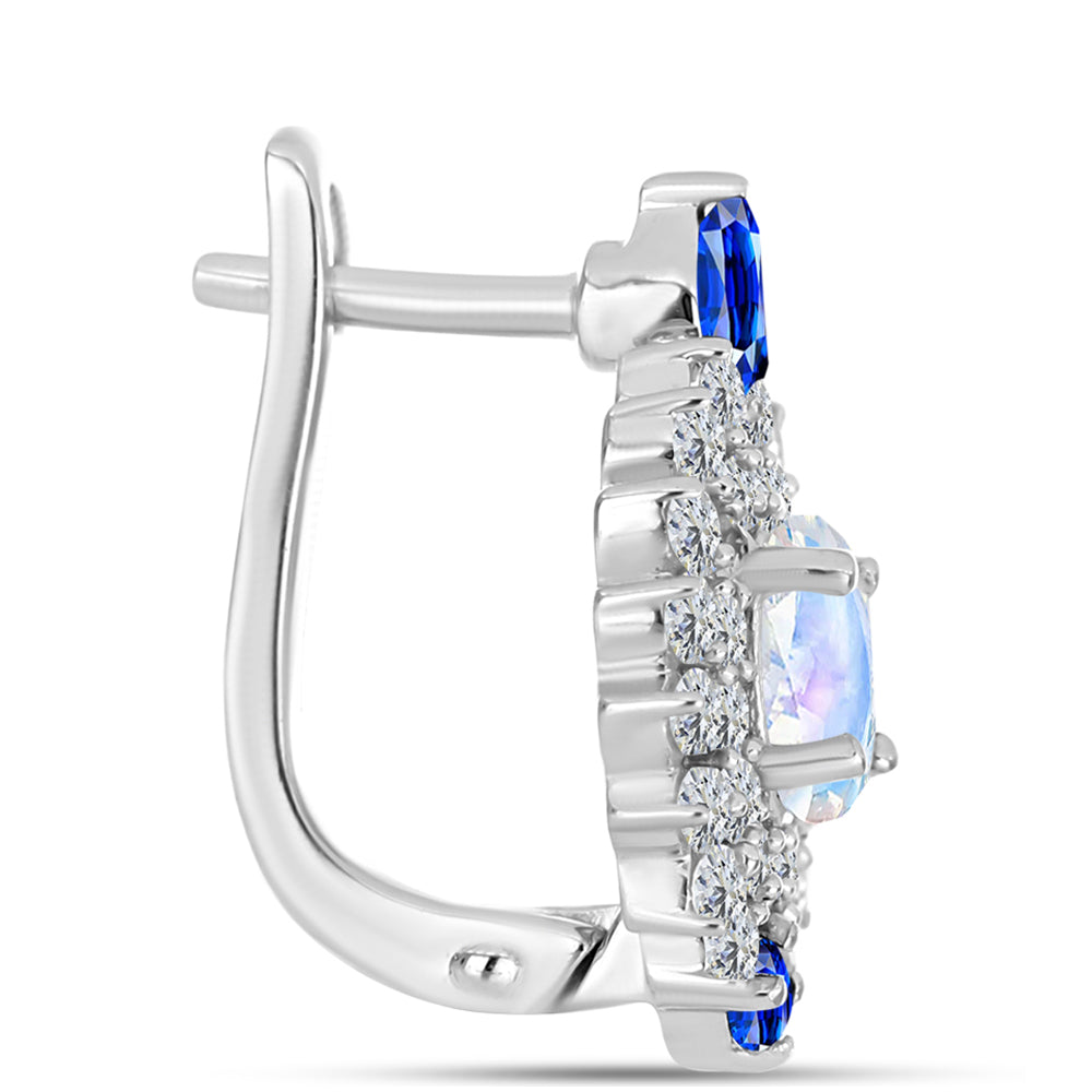 Brincos de Prata com Safira Azul Australiana e Pedra da Lua Arco-íris