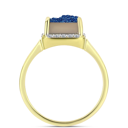 Anel de Prata com Banho de Ouro com Drusy Azul e Topázio Branco Contraste: Cabeca de Veado (800)