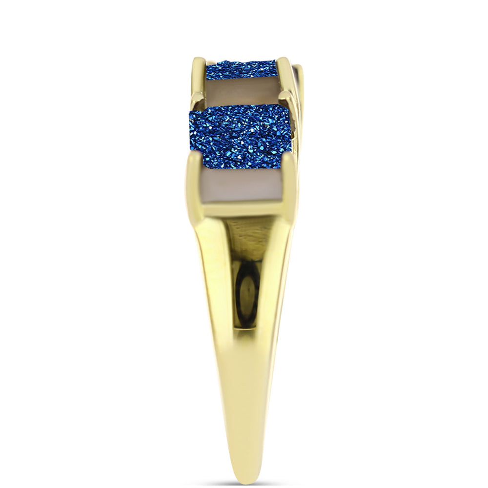Anel de Prata com Banho de Ouro com Drusy Azul e Topázio Branco Contraste: Cabeca de Veado (800)
