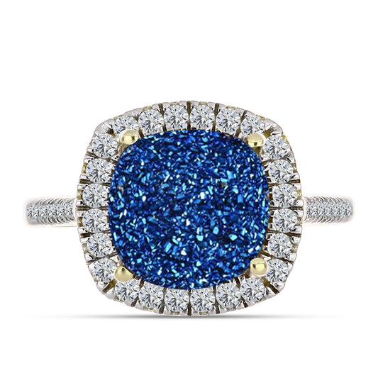 Anel de Prata com Banho de Ouro com Drusy Azul e Topázio Branco Contraste: Cabeca de Veado (800)