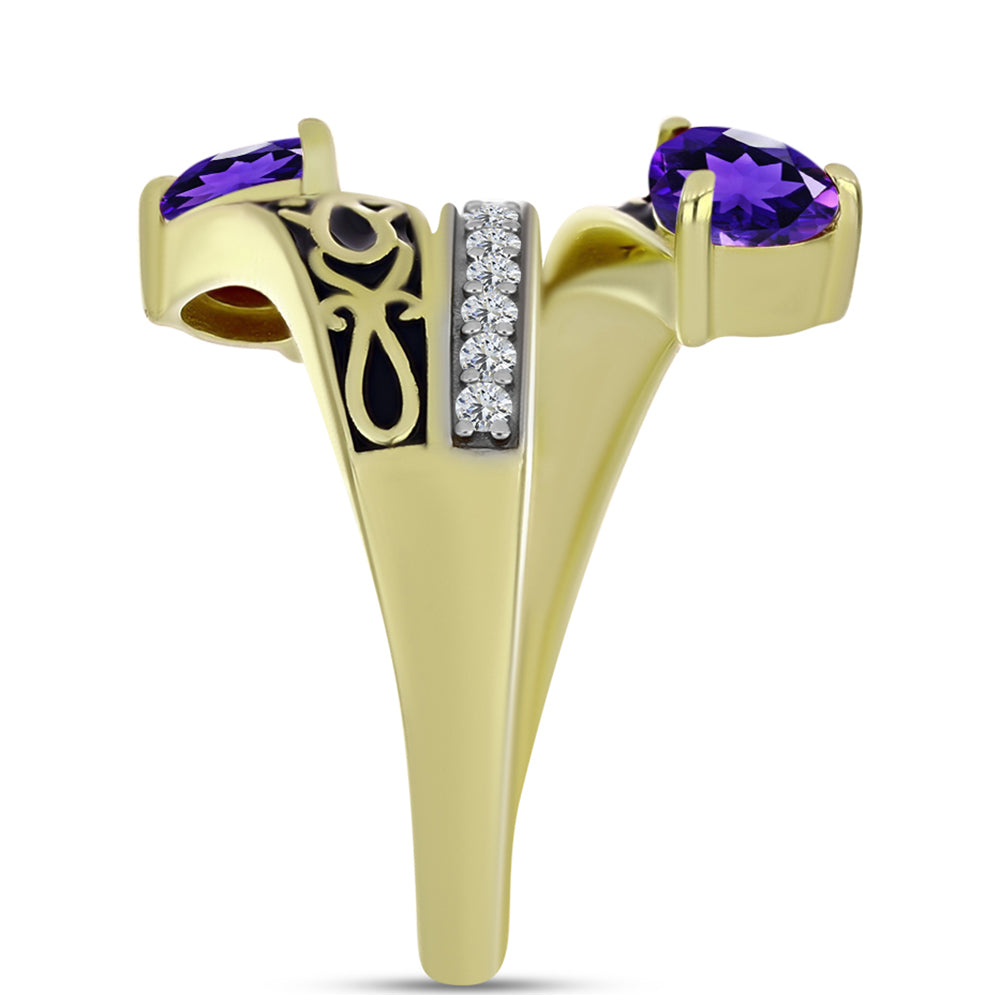 Anel de Prata com Banho de Ouro com Ametista de Marrocos e Topázio Branco Contraste: Cabeca de Veado (800)