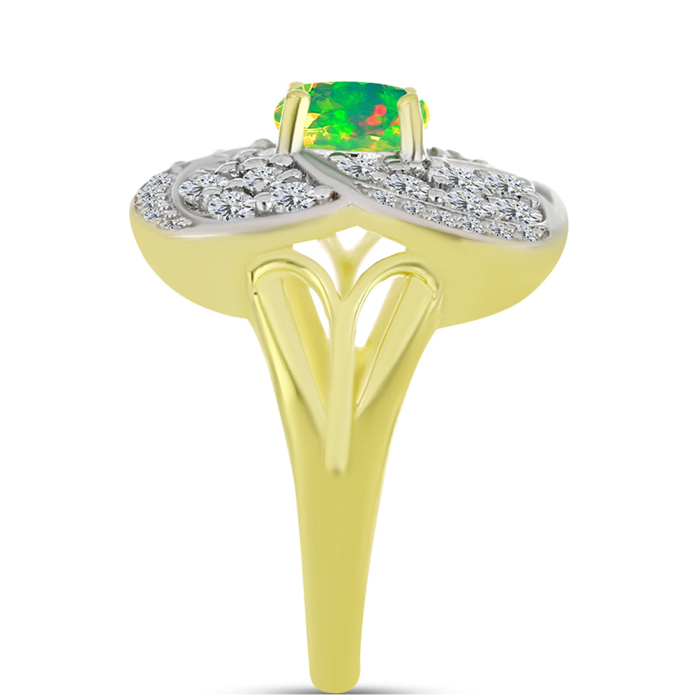 Anel de Prata com Banho de Ouro com Opala Verde do Etíope Lega Dembi e Topázio Branco Contraste: Cabeca de Veado (800)