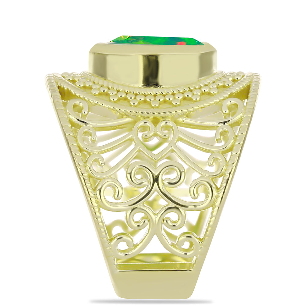 Anel de Prata com Banho de Ouro com Opala Verde do Etíope Lega Dembi Contraste: Cabeca de Veado (800)