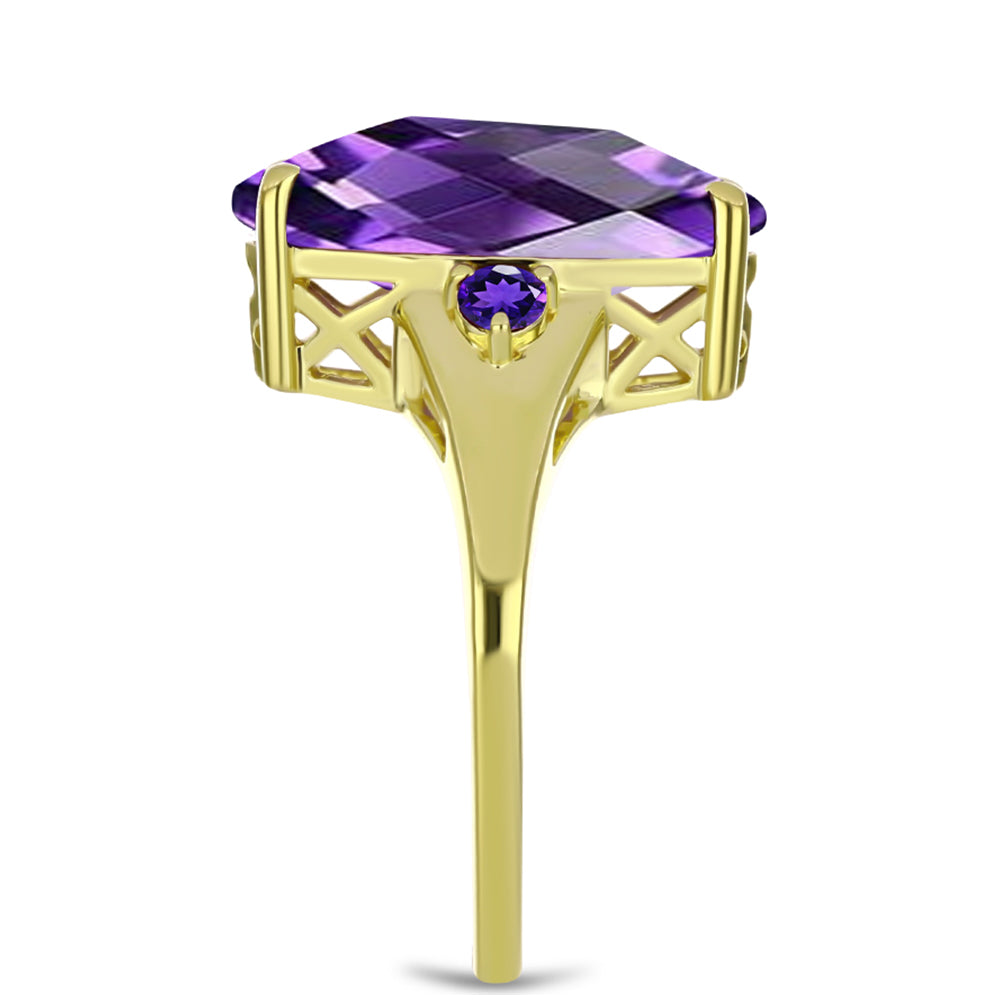 Anel de Prata com Banho de Ouro com Ametista de Marrocos Contraste: Cabeca de Veado (800)