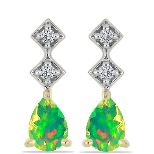 Brincos de Prata com Banho de Ouro com Opala Verde do Etíope Lega Dembi e Topázio Branco