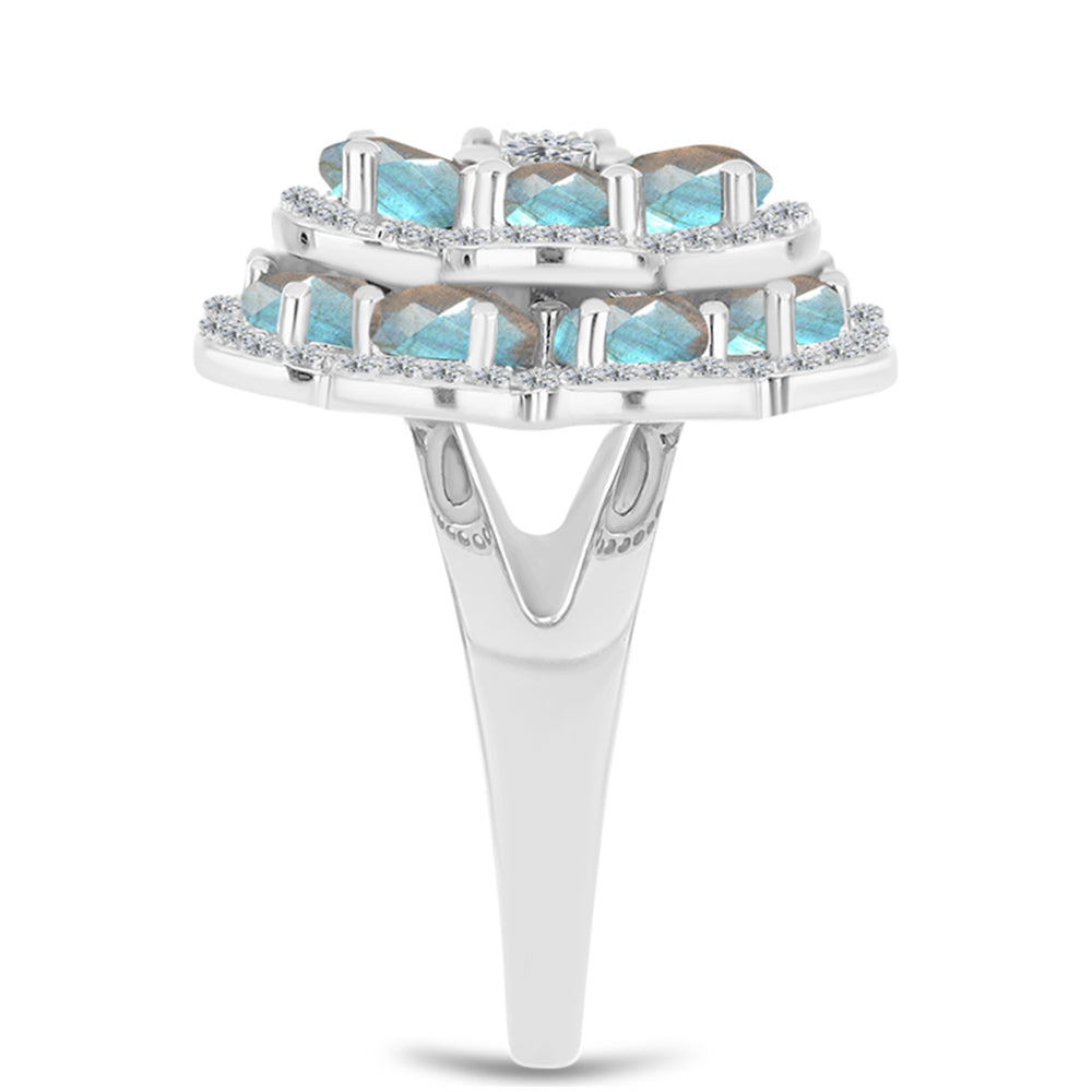 Anel de Prata com Labradorite de Gullgruvene e Topázio Branco Contraste: Cabeca de Veado (800)