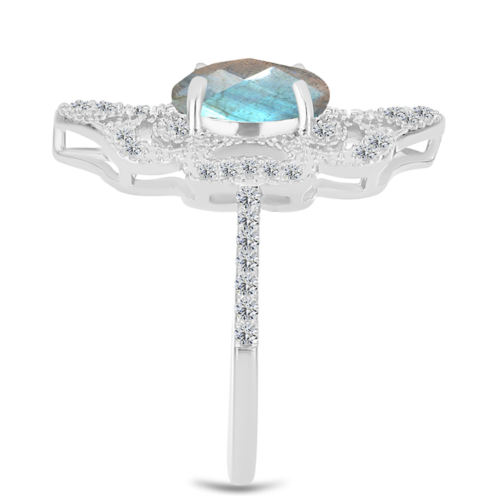 Anel de Prata com Labradorite de Gullgruvene e Topázio Branco Contraste: Cabeca de Veado (800)