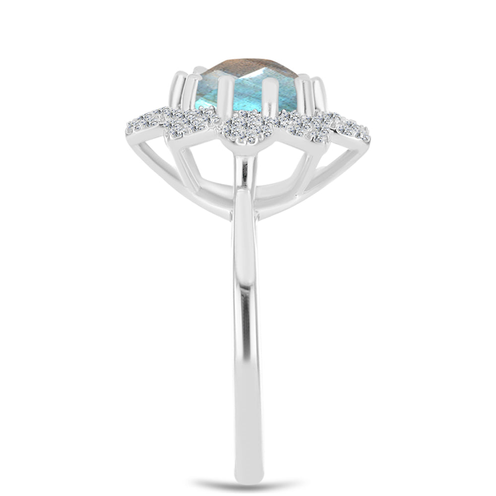 Anel de Prata com Labradorite de Gullgruvene e Topázio Branco Contraste: Cabeca de Veado (800)