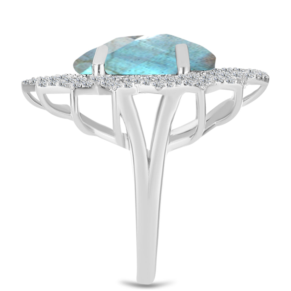 Anel de Prata com Labradorite de Gullgruvene e Topázio Branco Contraste: Cabeca de Veado (800)