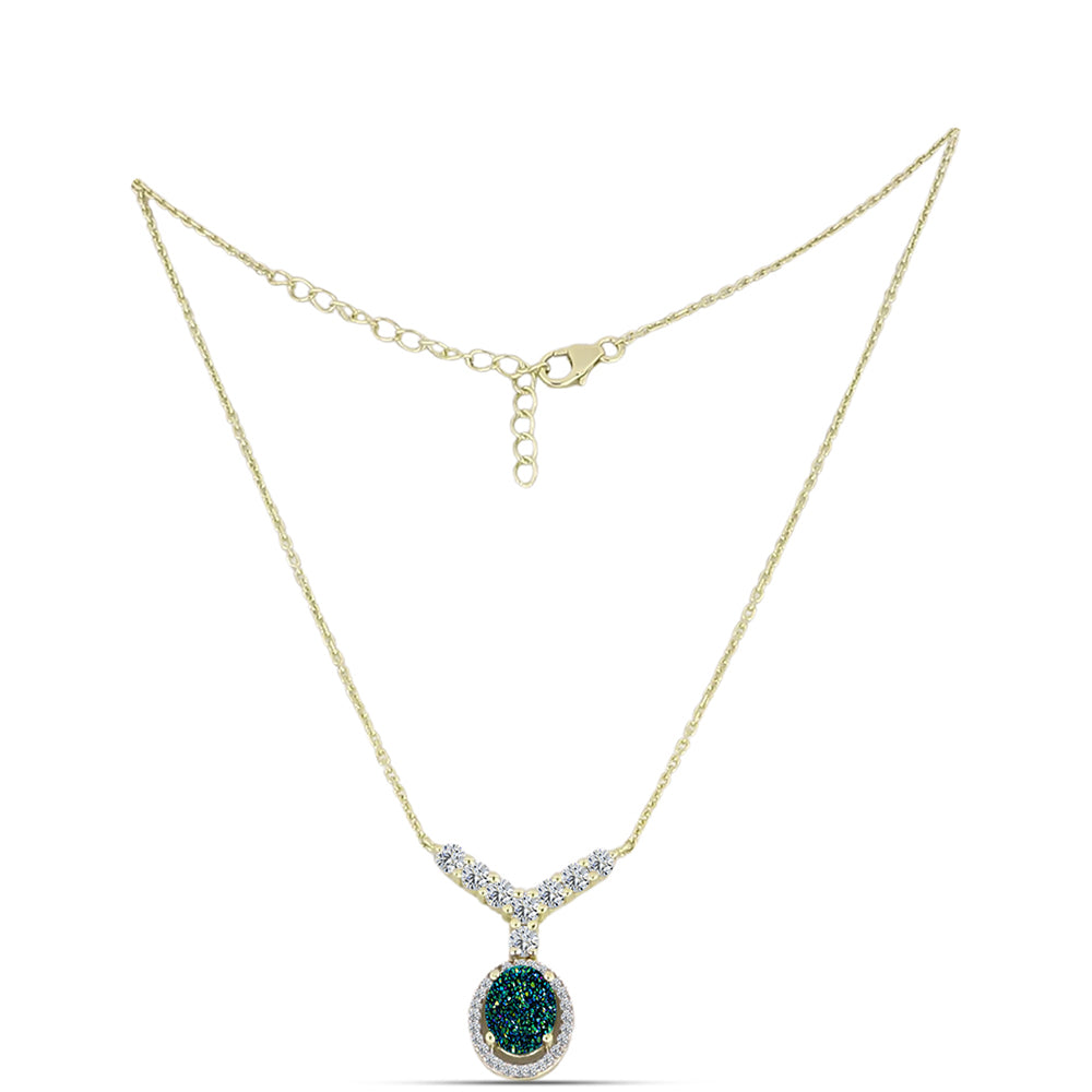 Colar de Prata com Banho de Ouro com Drusy Verde e Topázio Branco Contraste: Cabeca de Veado (800)