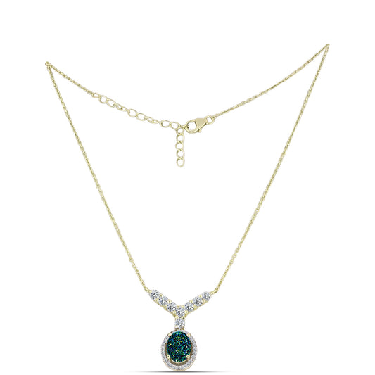 Colar de Prata com Banho de Ouro com Drusy Verde e Topázio Branco Contraste: Cabeca de Veado (800)