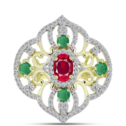Anel de Prata com Banho de Ouro com Esmeralda do Brasil e Topázio Branco Contraste: Cabeca de Veado (800)