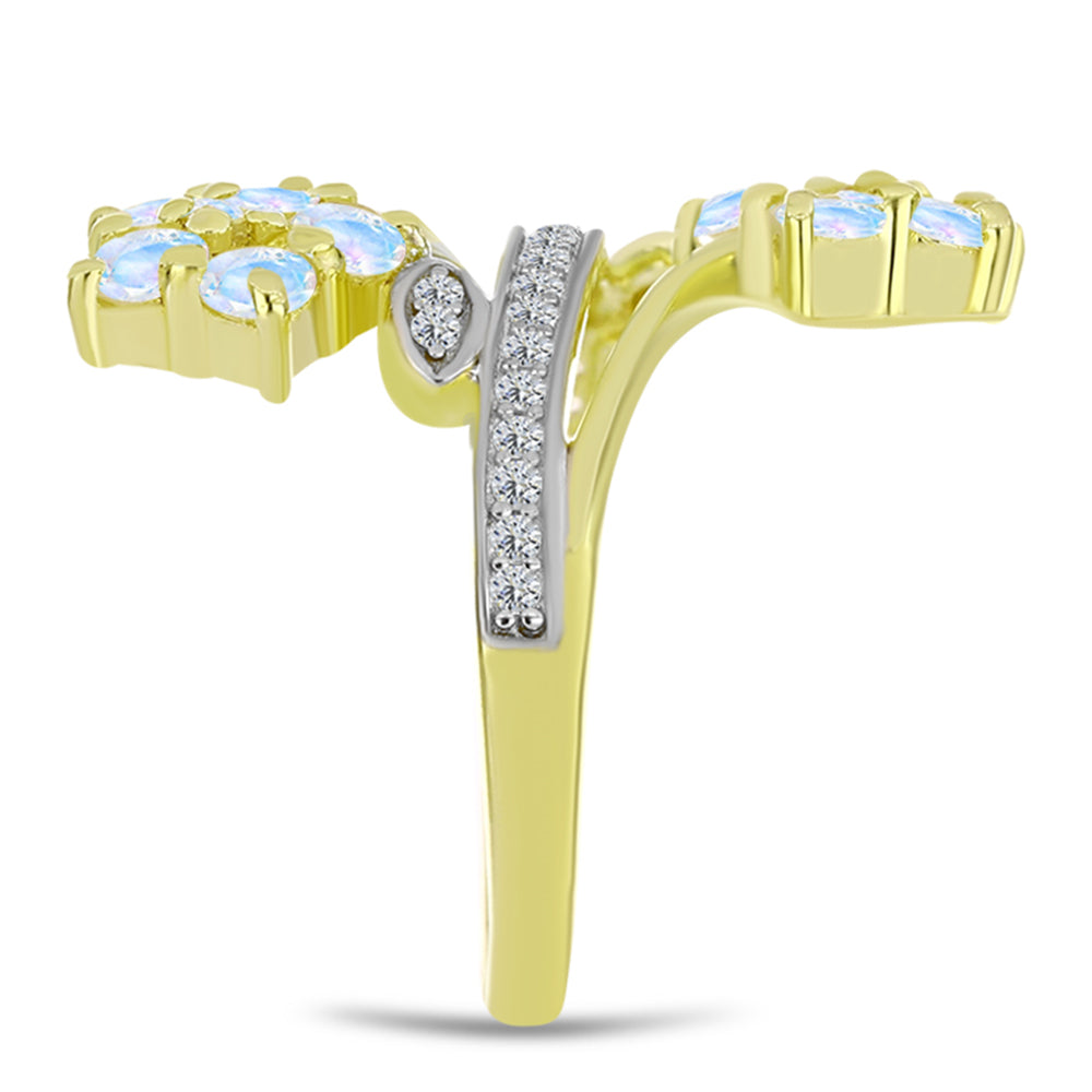 Anel de Prata com Banho de Ouro com Pedra da Lua Arco-íris e Topázio Branco Contraste: Cabeca de Veado (800)