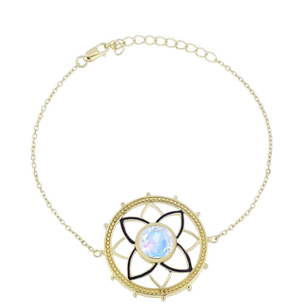 Pulseira de Prata com Banho de Ouro com Pedra da Lua Arco-íris Contraste: Cabeca de Veado (800)