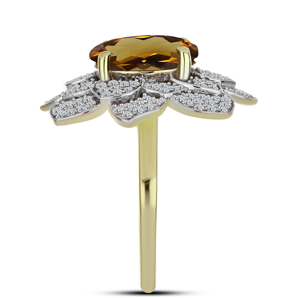 Anel de Prata com Banho de Ouro com Quartzo Cognac e Topázio Branco Contraste: Cabeca de Veado (800)
