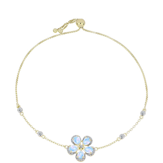 Pulseira de Prata com Banho de Ouro com Pedra da Lua Arco-íris e Topázio Branco Contraste: Cabeca de Veado (800)