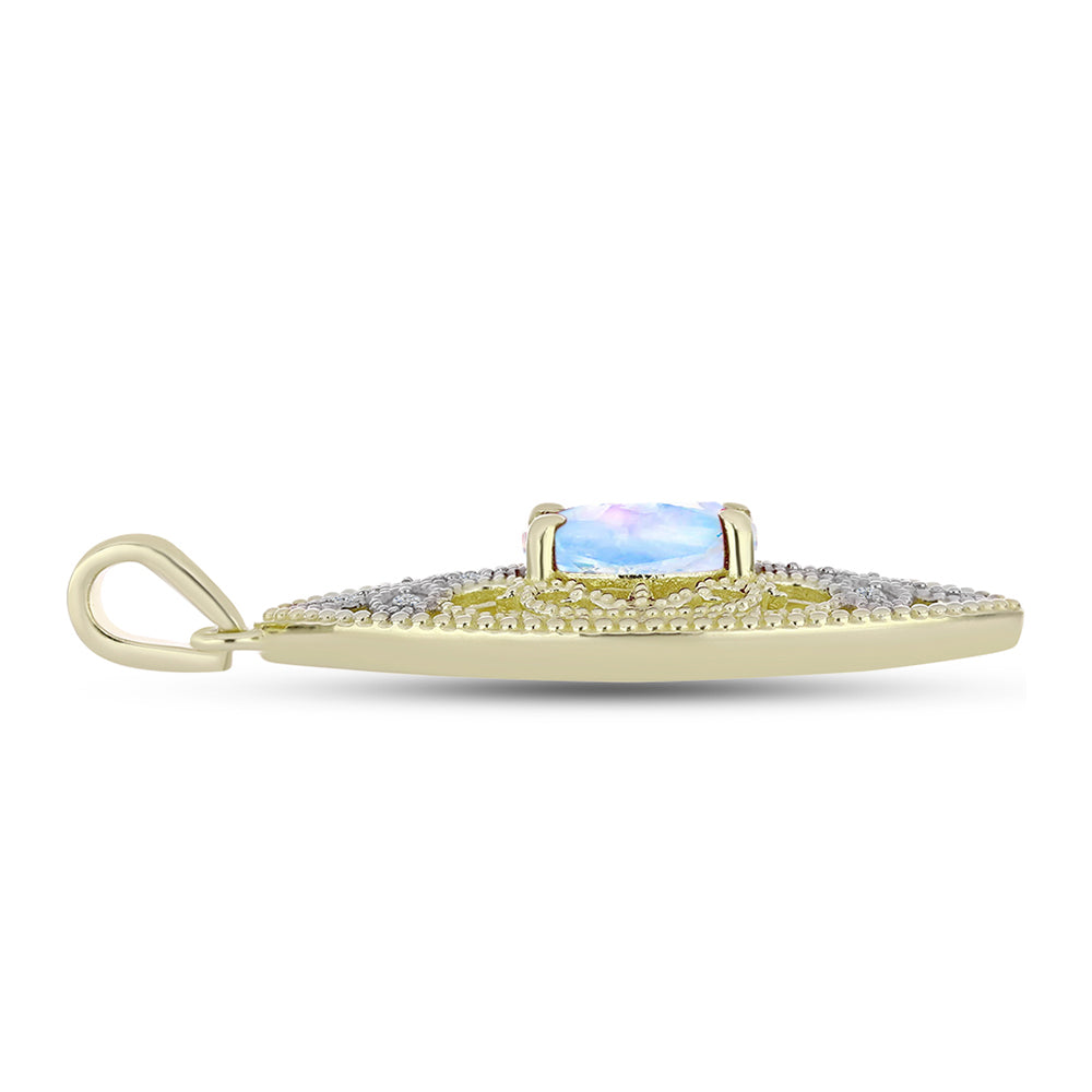 Pendente de Prata com Banho de Ouro com Pedra da Lua Arco-íris e Topázio Branco Contraste: Cabeca de Veado (800)