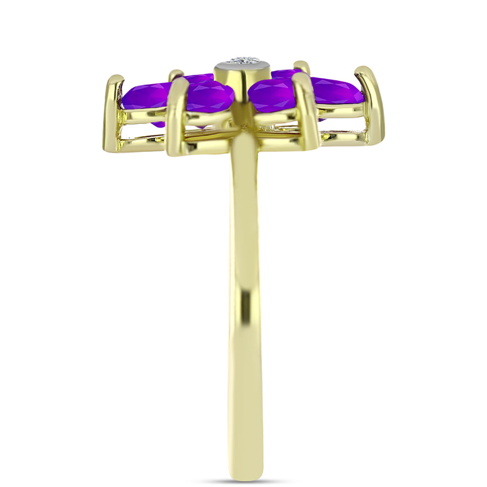 Anel de Prata com Banho de Ouro com Ágata Roxa e Topázio Branco Contraste: Cabeca de Veado (800)