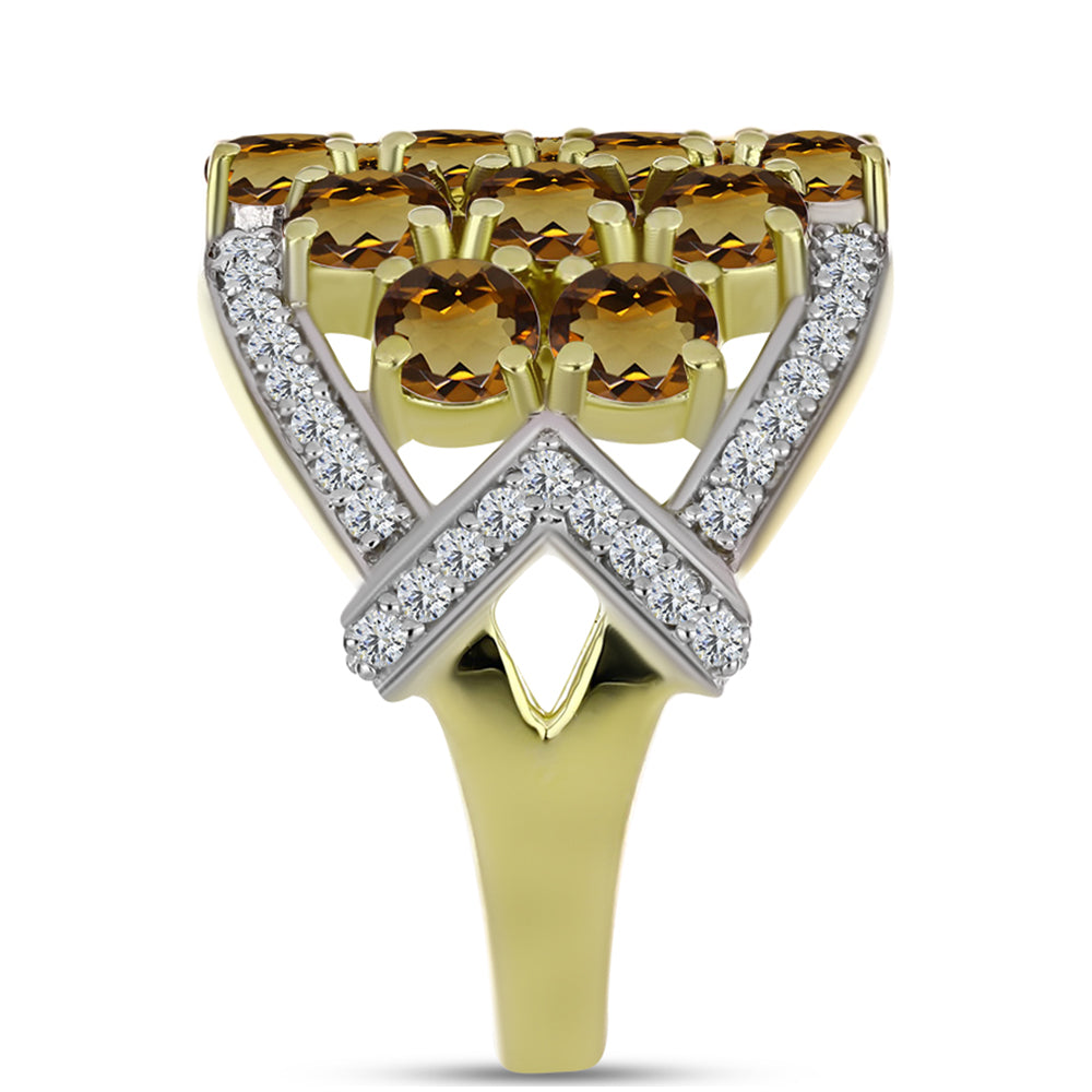 Anel de Prata com Banho de Ouro com Quartzo Cognac e Topázio Branco Contraste: Cabeca de Veado (800)