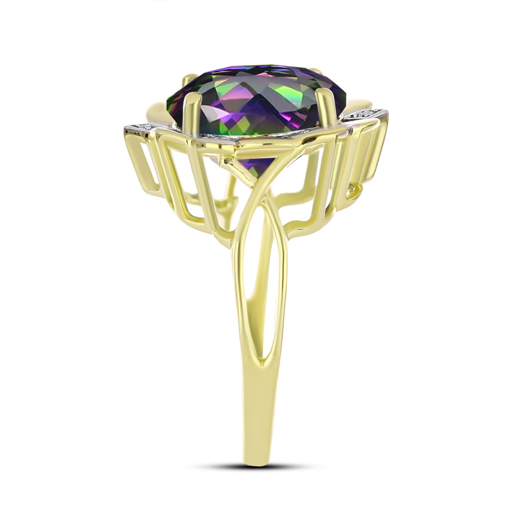 Anel de Prata com Banho de Ouro com Topázio Verde Místico e Topázio Branco Contraste: Cabeca de Veado (800)