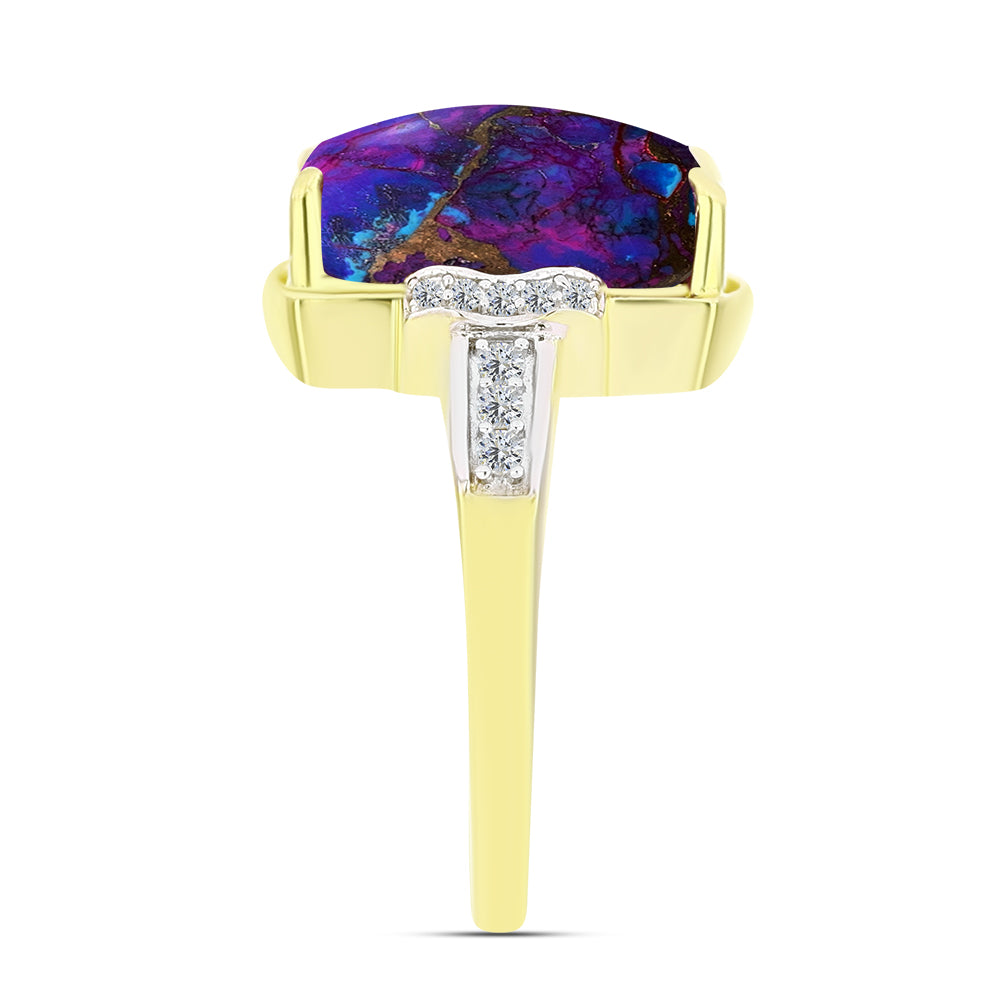 Anel de Prata com Banho de Ouro com Turquesa Cobre Púrpura e Topázio Branco Contraste: Cabeca de Veado (800)