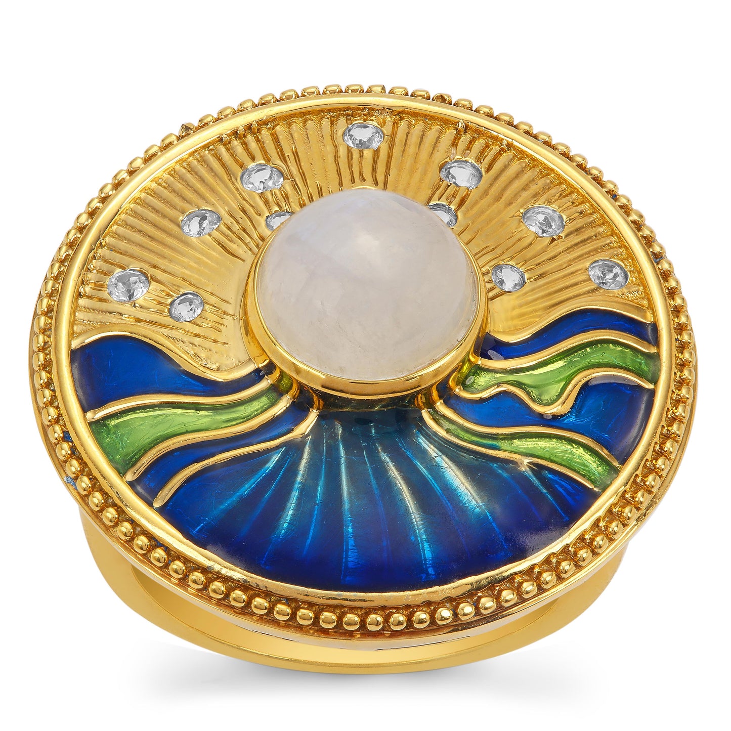 Anel de Prata com Banho de Ouro com Pedra da Lua Arco-íris e Topázio Branco Contraste: Cabeca de Veado (800)