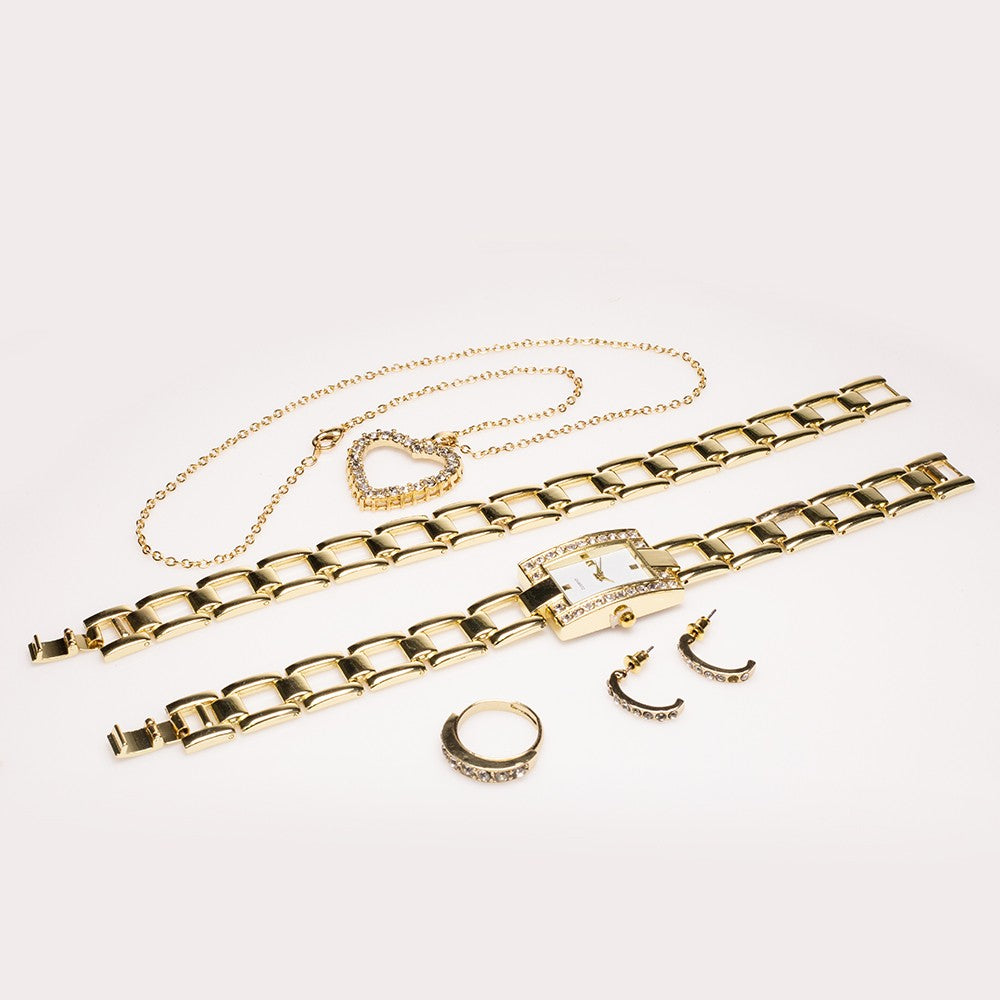 Conjunto de Liga de Ouro com Cristal Emporia® Branco ( Colar+Brincos+Pulseira+Anel+Pendente )