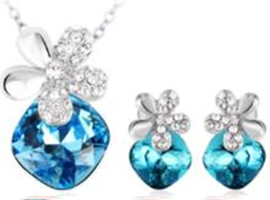 Conjunto de Liga de Ouro com Cristal Emporia® Azul ( Brincos+Pendente )