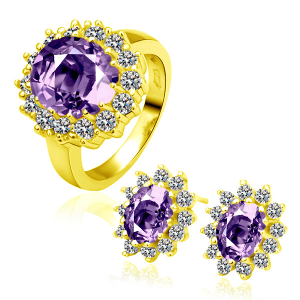 Conjunto de Liga de Ouro com Cristal Emporia® Roxo ( Brincos+Anel )