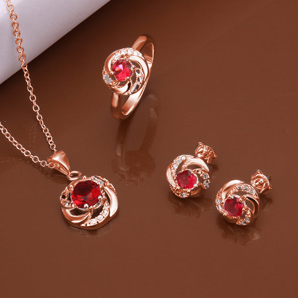 Conjunto de Liga de Ouro com Cristal Emporia® Vermelho ( Colar+Brincos+Anel )