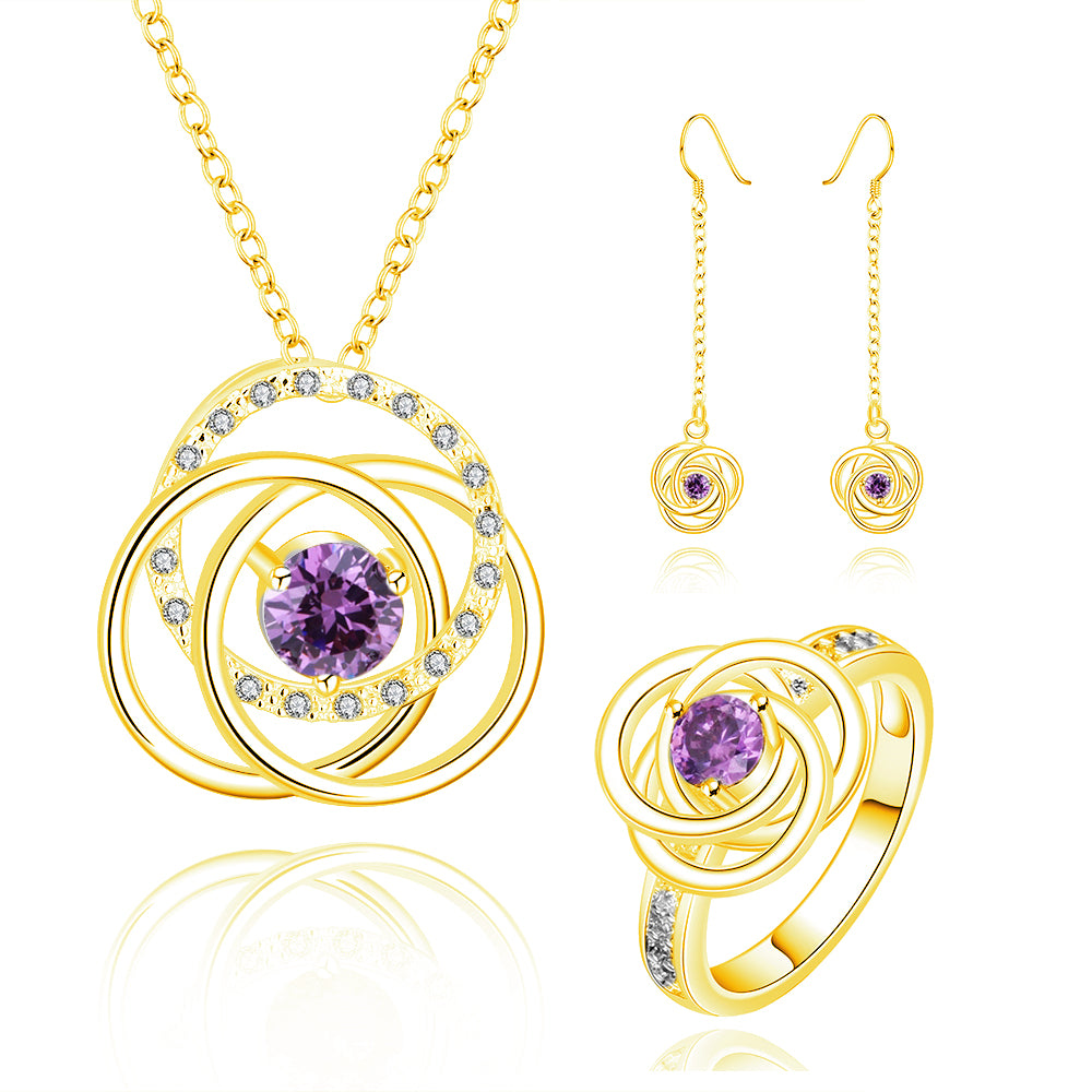 Conjunto de Liga de Ouro com Cristal Emporia® Roxo ( Colar+Brincos+Anel )