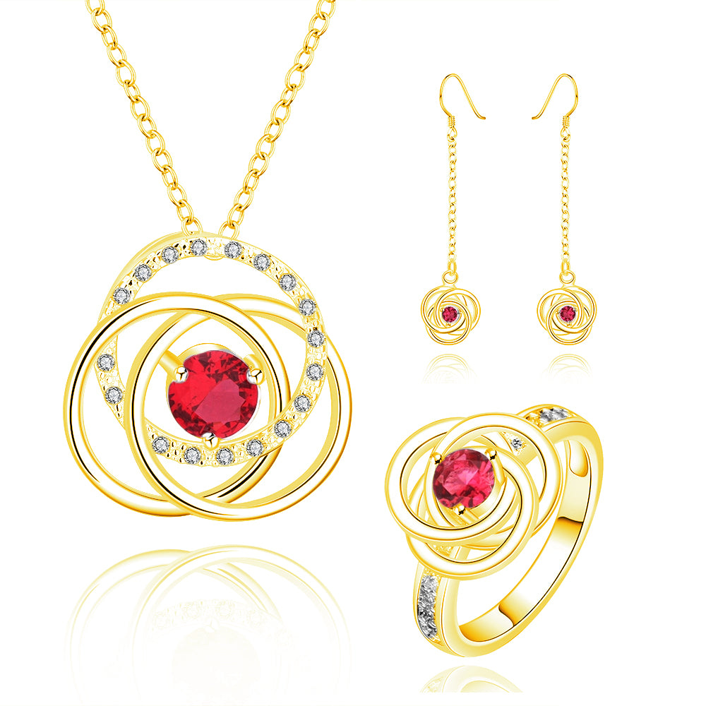 Conjunto de Liga de Ouro com Cristal Emporia® Vermelho ( Colar+Brincos+Anel )