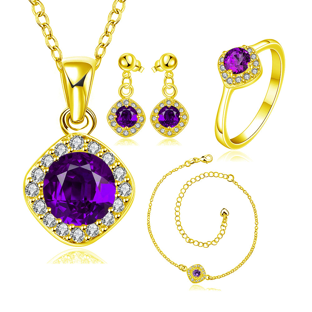 Conjunto de Liga de Ouro com Cristal Emporia® Roxo ( Colar+Brincos+Pulseira+Anel )
