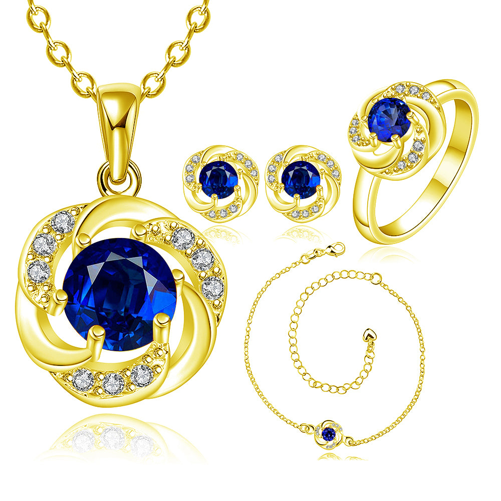 Conjunto de Liga de Ouro com Cristal Emporia® Azul ( Colar+Brincos+Pulseira+Anel )