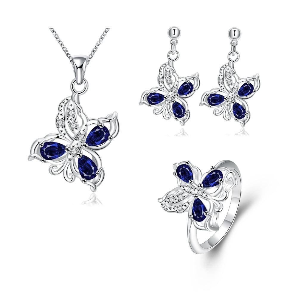 Conjunto de Liga de Ouro com Cristal Emporia® Azul ( Colar+Brincos+Anel )