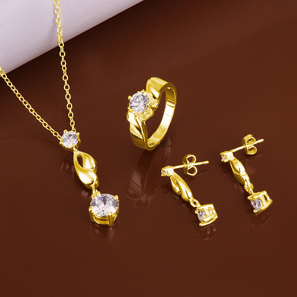 Conjunto de Liga de Ouro com Cristal Emporia® Branco ( Colar+Brincos+Anel )