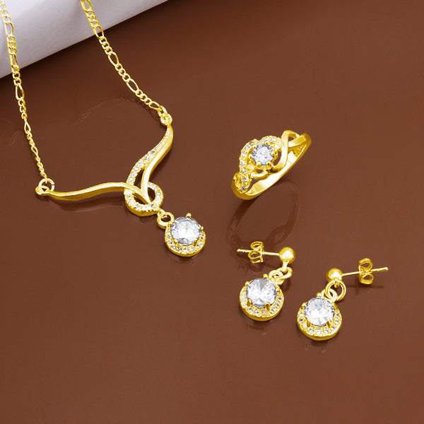 Conjunto de Liga de Ouro com Cristal Emporia® Branco ( Colar+Brincos+Anel )