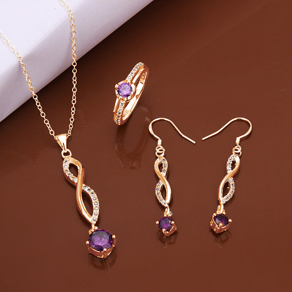 Conjunto de Liga de Ouro com Cristal Emporia® Roxo ( Colar+Brincos+Anel )