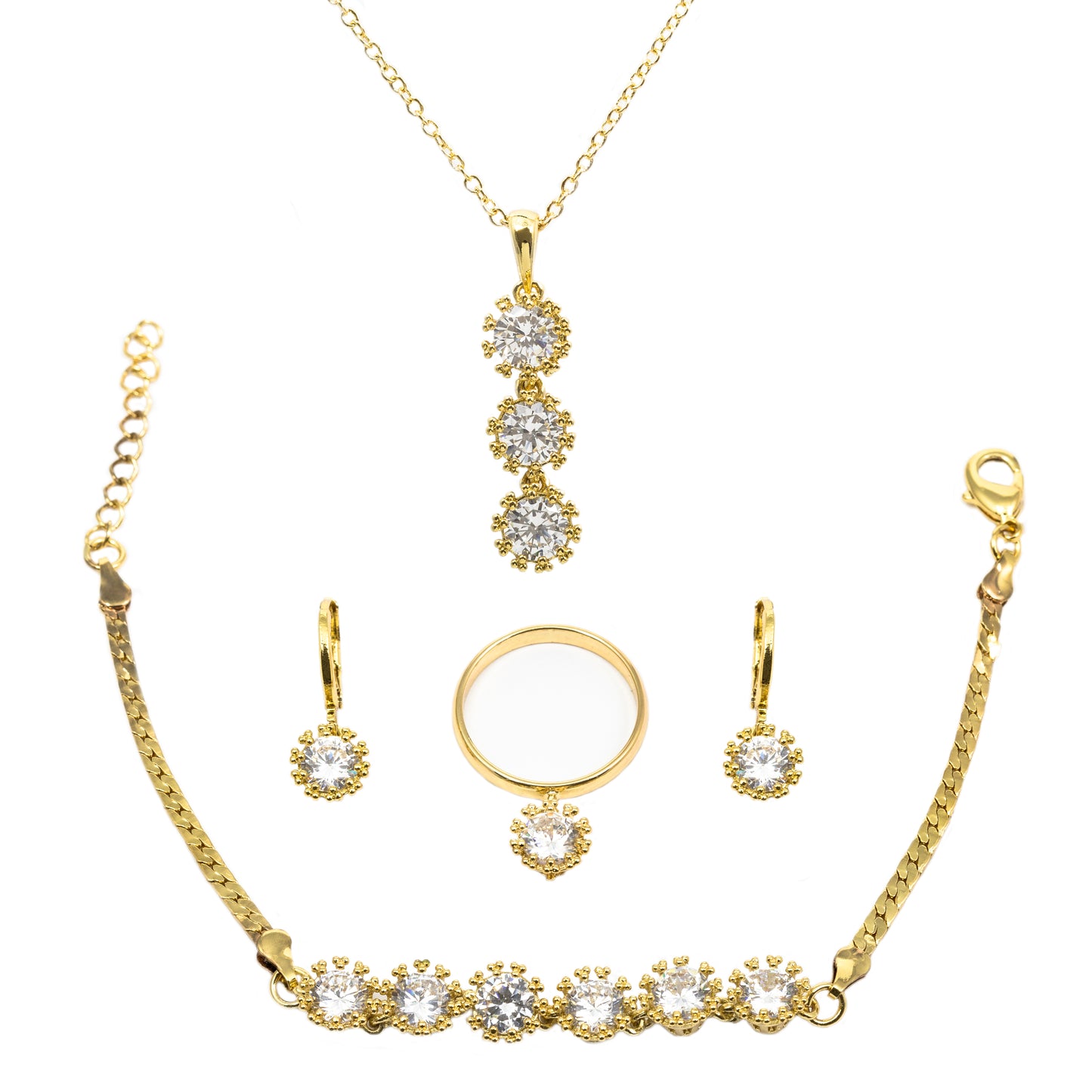 Conjunto de Liga de Ouro com Cristal Emporia® Branco ( Colar+Brincos+Pulseira+Anel )