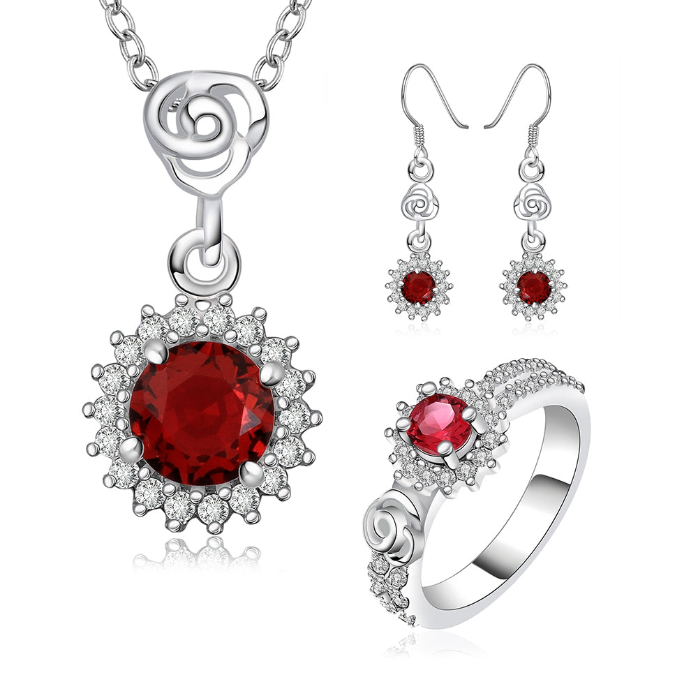 Conjunto de Liga de Ouro com Cristal Emporia® Vermelho ( Colar+Brincos+Anel )