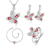 Conjunto de Liga de Ouro com Cristal Emporia® Vermelho ( Colar+Brincos+Pulseira+Anel )