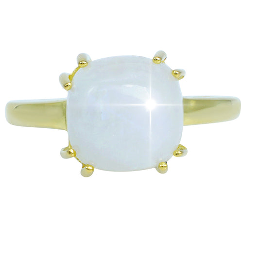 Anel de Prata com Banho de Ouro com Pedra da Lua Arco-íris Contraste: Cabeca de Veado (800)