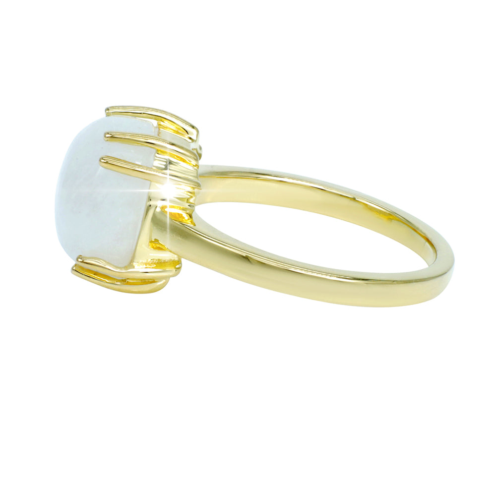 Anel de Prata com Banho de Ouro com Pedra da Lua Arco-íris Contraste: Cabeca de Veado (800)