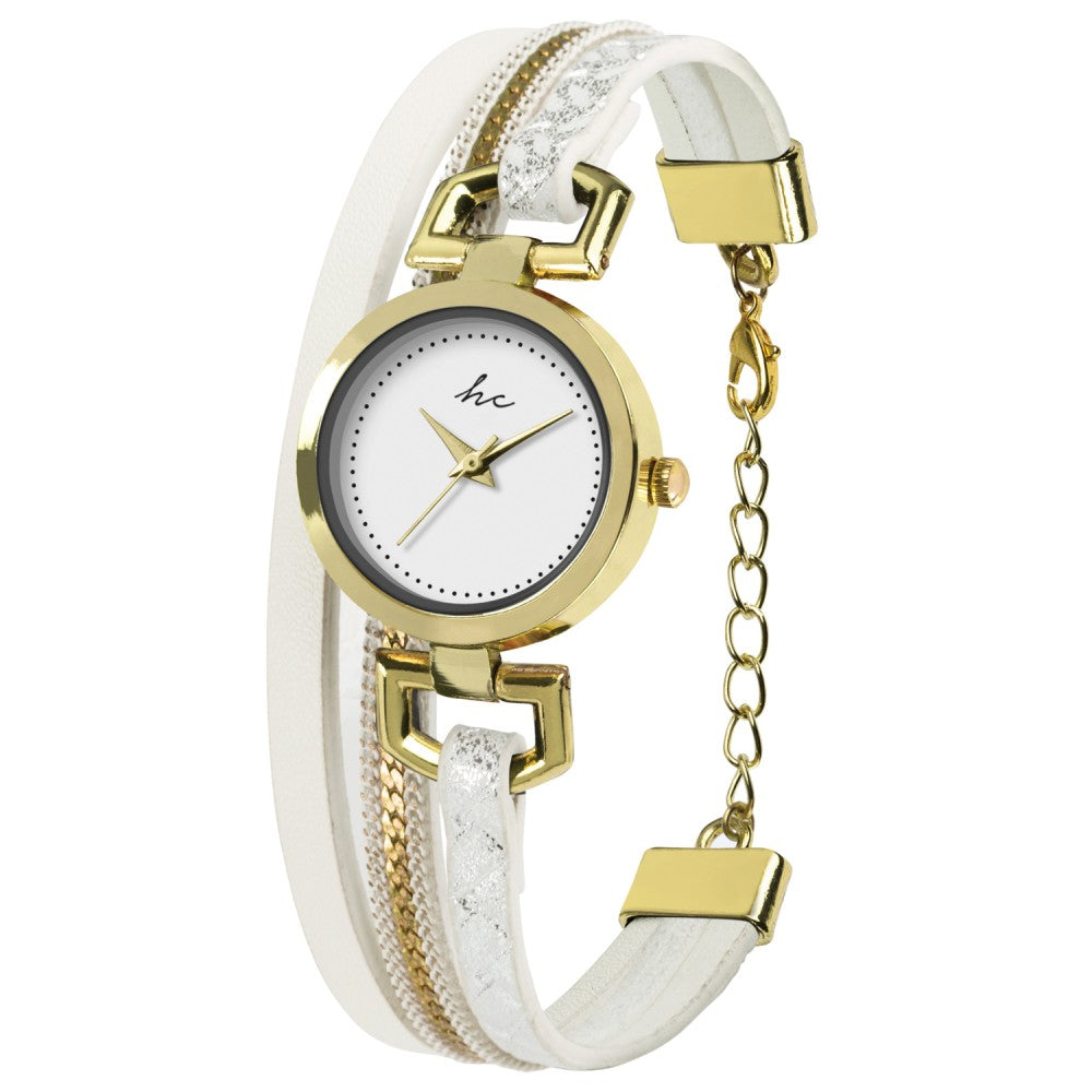 Relógio de senhora Hippie Chic, com bateria de quartzo, analógico, caixa em aço inoxidável dourado, pulseira em pele branca, estilo casual