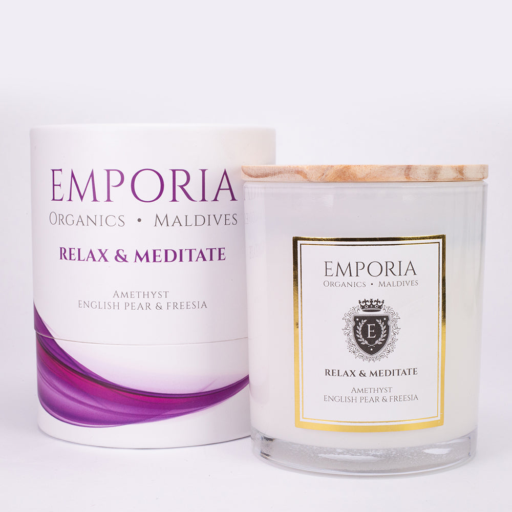 Emporia Organics MALDIVAS Vela de Vidro - RELAXAR & MEDITAR, com Ametista, aroma a pêra Inglesa e frésia, 100% cera de soja, 230g
