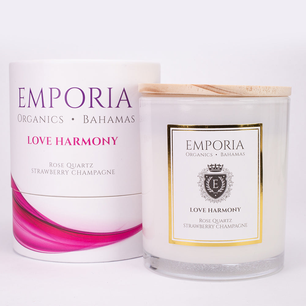 Emporia Organics BAHAMAS Vela de Vidro - HARMONIA & AMOR, com Quartzo Rosa, aroma a morango & champagne, 100% cera de soja, 230g