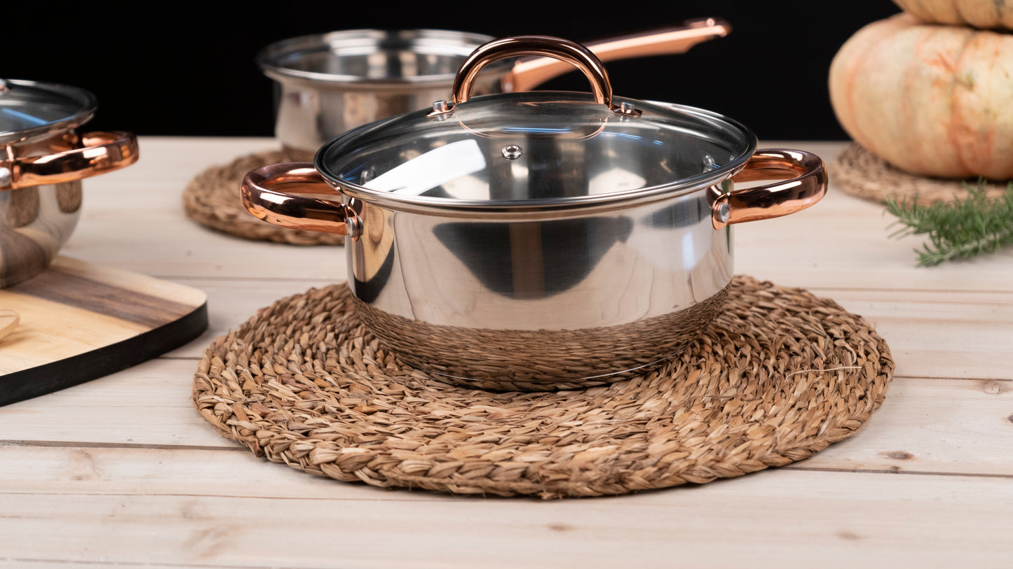 Conjunto de 5 Peças de Cozinha de Aço Inox e Vidro Prateado e Rosa