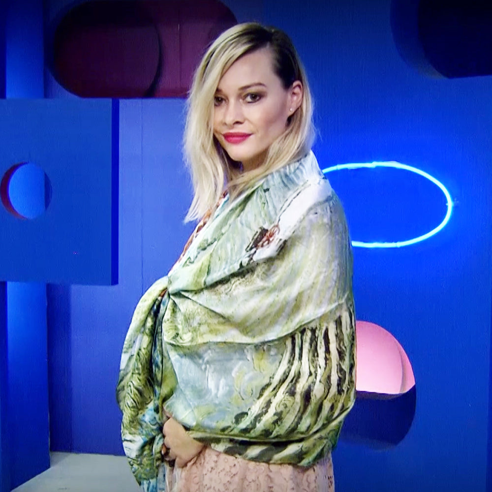 Xaile 100% de Seda Verdadeira, 90 cm x 180 cm, padrão de uma pintura de uma quinta