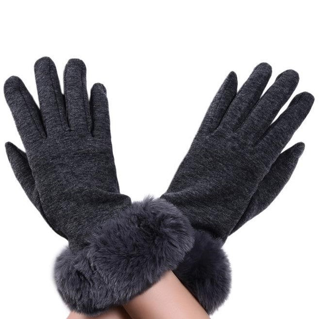 Dark Grey 100% Polyester Faux Fur Trim Touchscreen Gloves